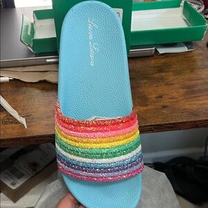 NIB Lauren Lorraine Rainbow Slides Blue Shoes Size 11